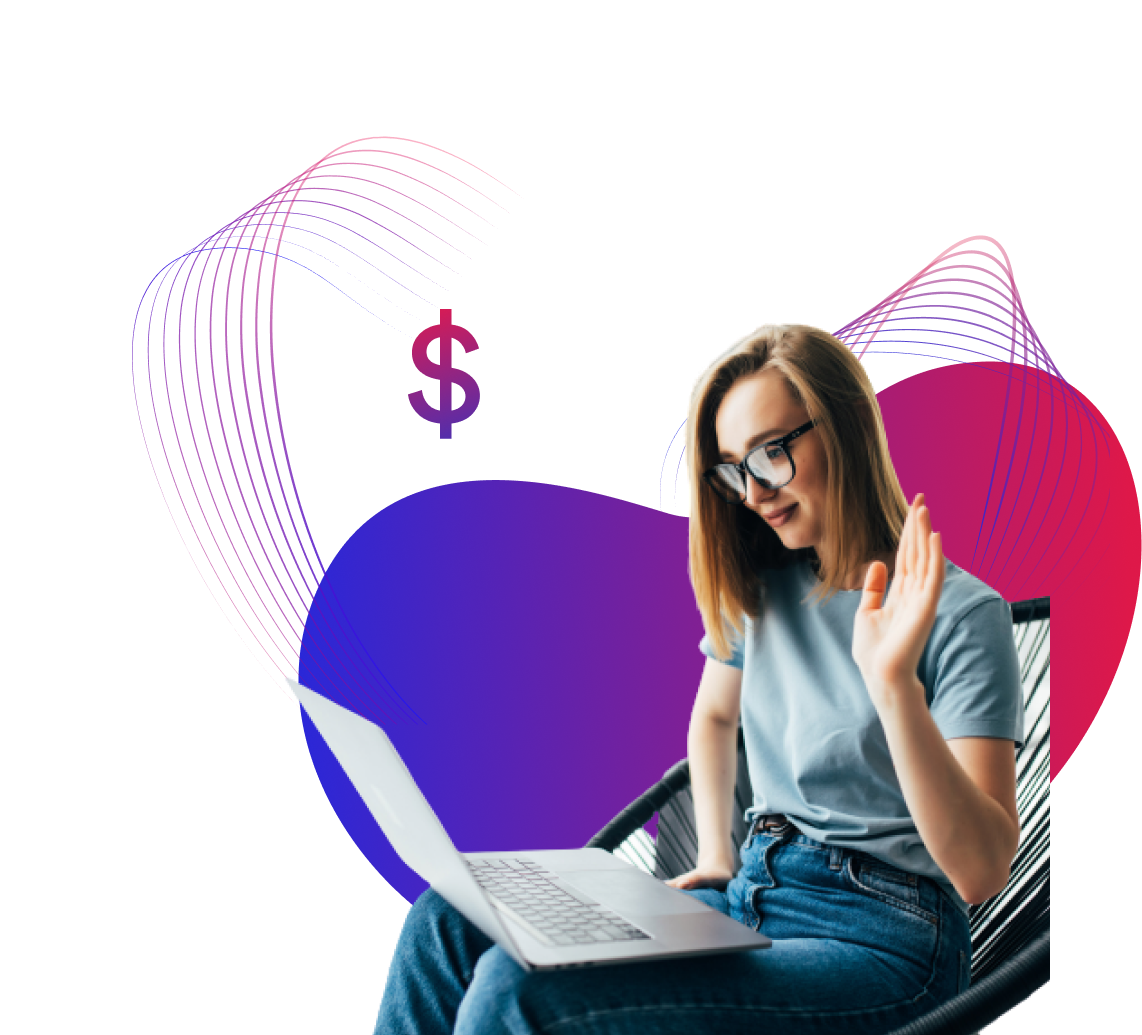 woman on laptop with dollar sign above her