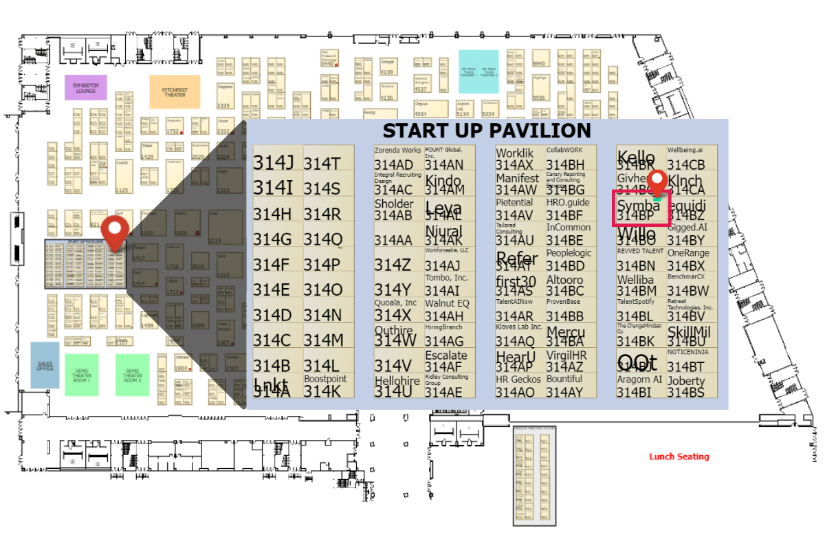 A map of the HR Technology Conference Expo Hall with Symba's Booth #314BP highlighted