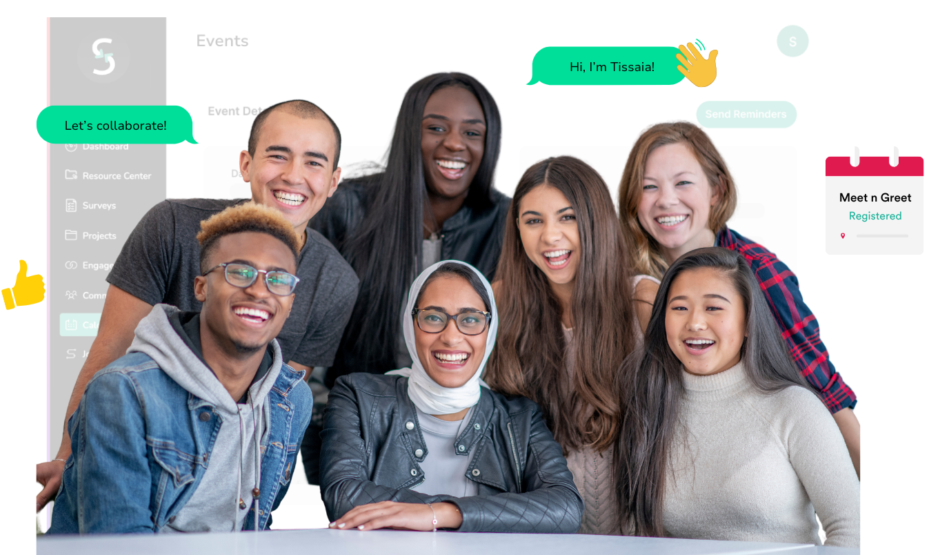 diverse group of people smiling with the Symba platform in the background and engagement graphics around them